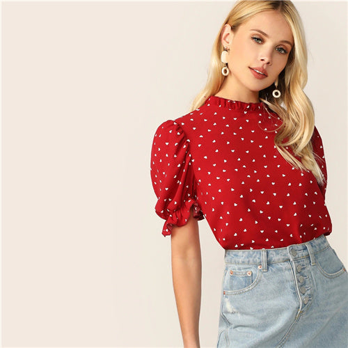 SHEIN Frilled Neck Puff Sleeve Confetti Heart Print Top Red Stand Collar Short Sleeve Blouse Elegant Women Summer Blouses