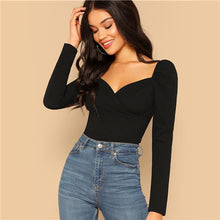 Load image into Gallery viewer, Sheinside Elegant Blouses Women Zip Back Puff Sleeve Form Fitted Wrap Sweetheart Top Female Long Sleeve Blouse Shirt