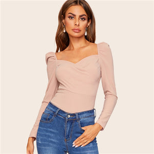 Sheinside Elegant Blouses Women Zip Back Puff Sleeve Form Fitted Wrap Sweetheart Top Female Long Sleeve Blouse Shirt