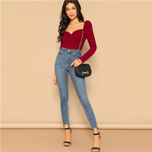 Load image into Gallery viewer, Sheinside Elegant Blouses Women Zip Back Puff Sleeve Form Fitted Wrap Sweetheart Top Female Long Sleeve Blouse Shirt