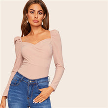 Load image into Gallery viewer, SHEIN Sexy Zip Back Puff Sleeve Slim Fitted Wrap Sweetheart Neck Blouse Women Solid Top Spring Club High Street Blouses