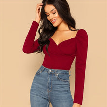 Load image into Gallery viewer, SHEIN Sexy Zip Back Puff Sleeve Slim Fitted Wrap Sweetheart Neck Blouse Women Solid Top Spring Club High Street Blouses