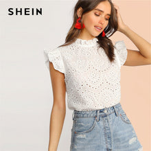 Load image into Gallery viewer, SHEIN Mock-Neck Ruffle Trim Embroidery Eyelet Top Boho White Pink Solid Sleeveless Stand Collar Blouse Women Tops and Blouses