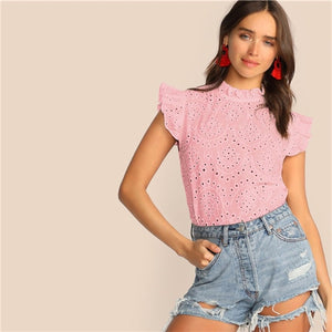 SHEIN Mock-Neck Ruffle Trim Embroidery Eyelet Top Boho White Pink Solid Sleeveless Stand Collar Blouse Women Tops and Blouses