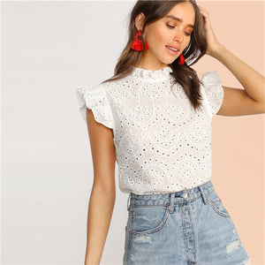 SHEIN Mock-Neck Ruffle Trim Embroidery Eyelet Top Boho White Pink Solid Sleeveless Stand Collar Blouse Women Tops and Blouses